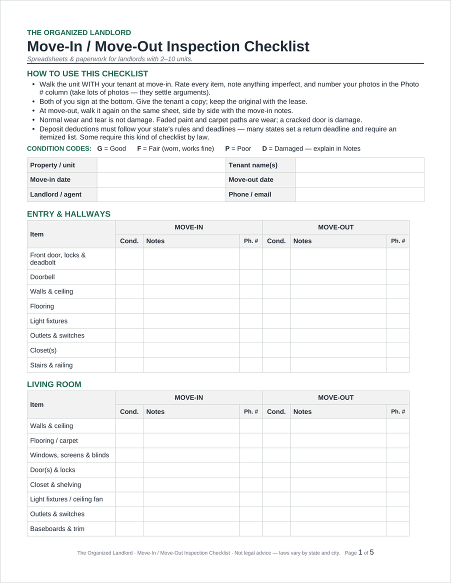 Move-In / Move-Out Inspection Checklist, first page