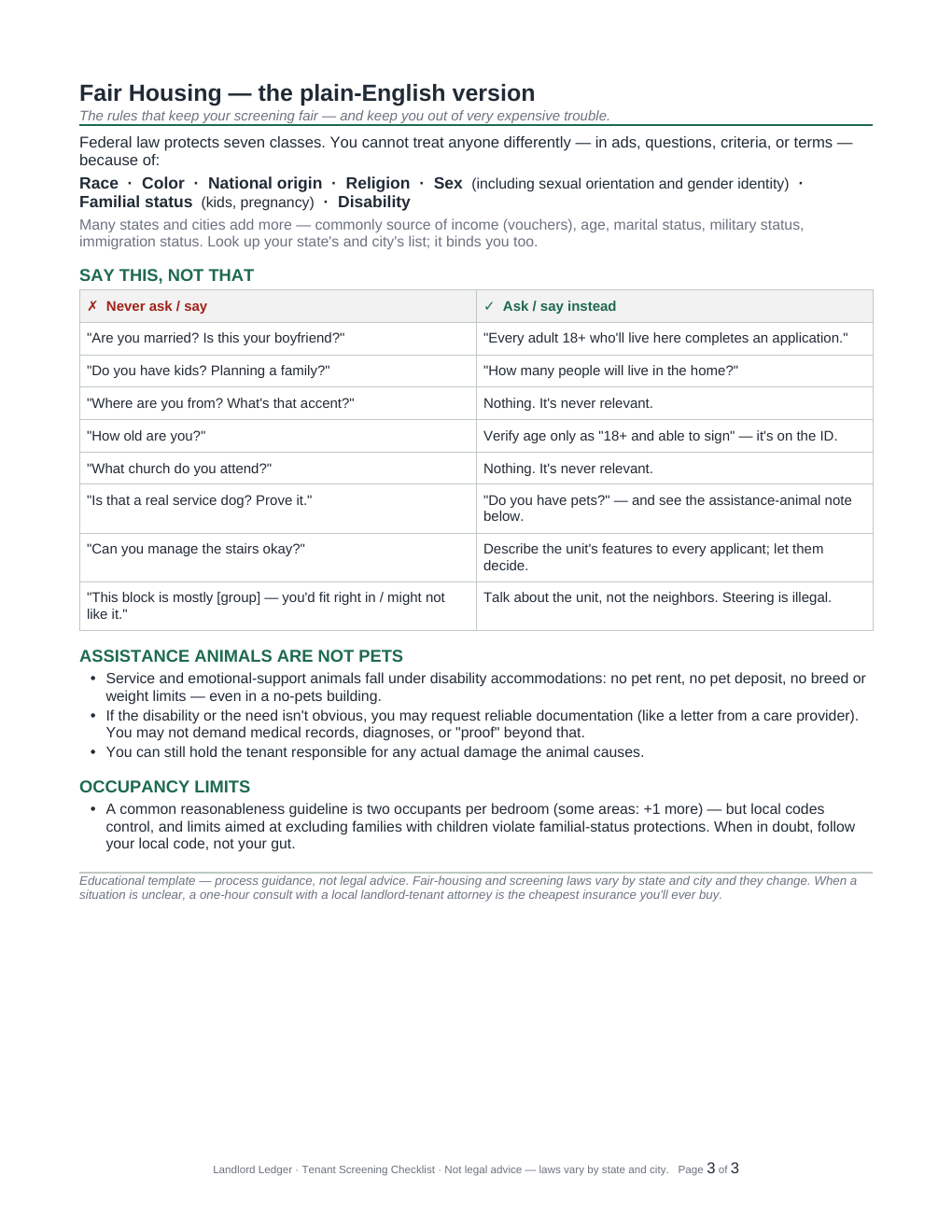 Tenant Screening Checklist, first page